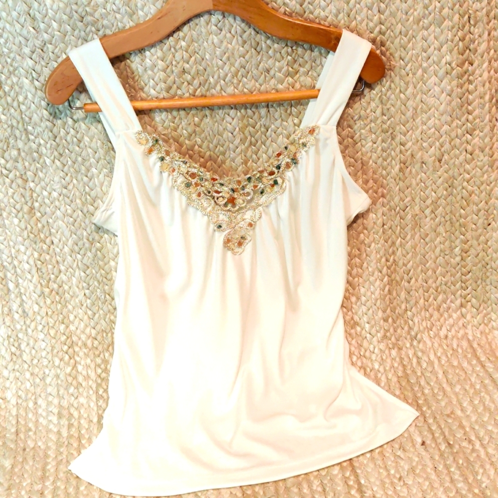 Gold Lace and Gemstone Embellished White Tank Top
